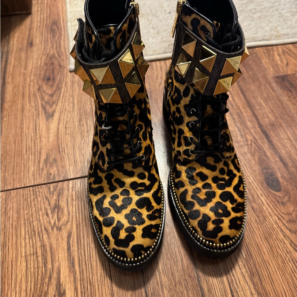 Michael Kors Leopard Print Combat Boots with Gold Accents